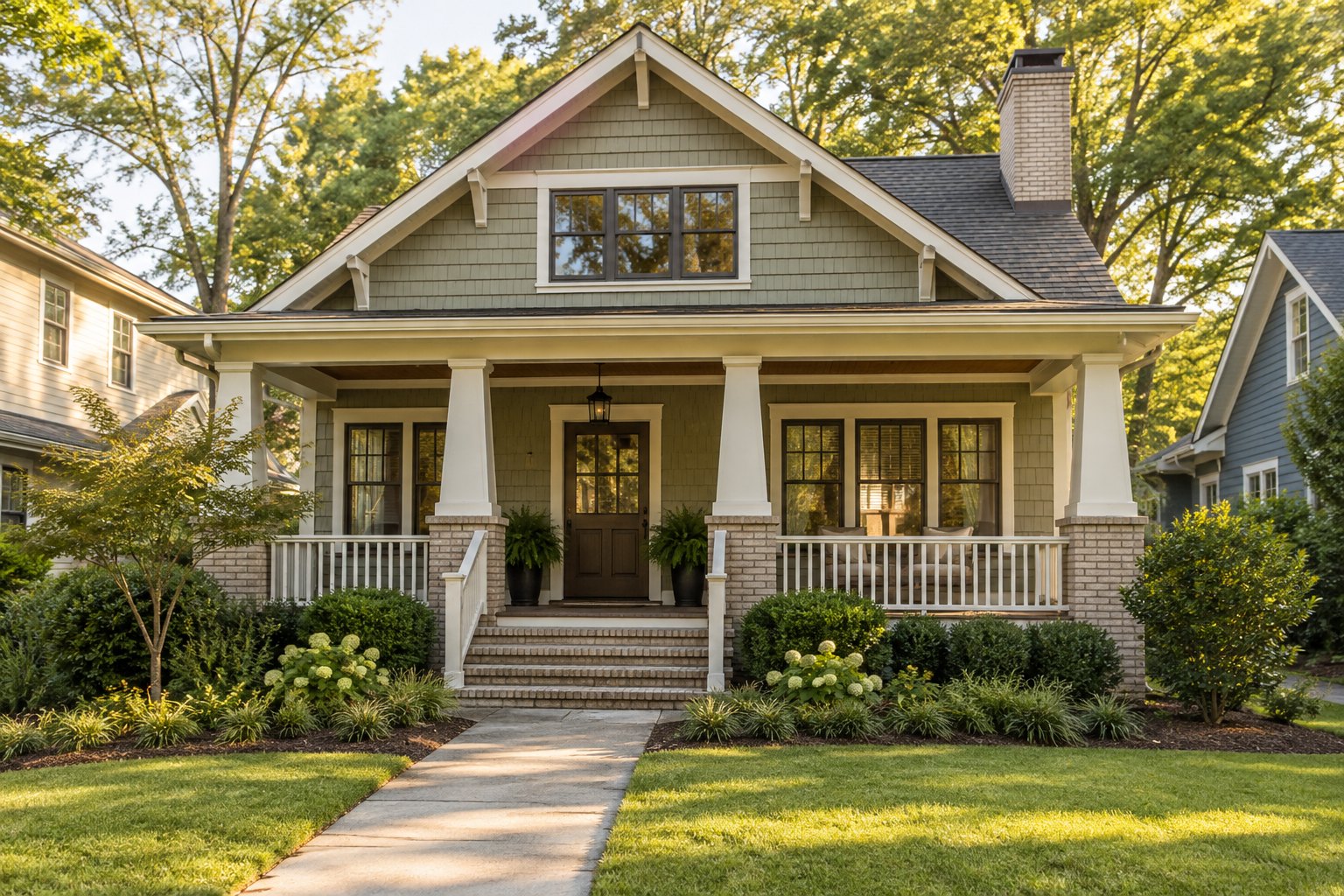 A craftsman bungalow with a front porch in an Atlanta area neighborhood, illustrative