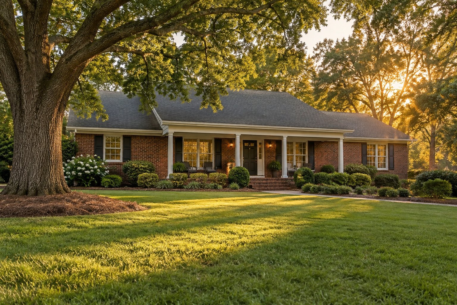 A classic brick ranch home with mature oak trees in suburban Georgia