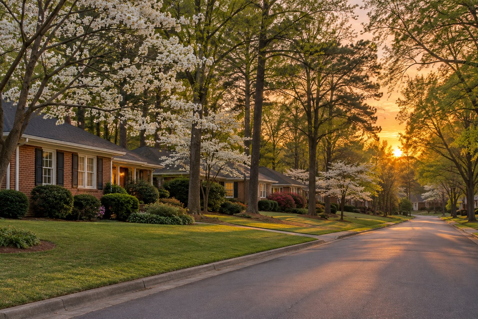 A tree lined Atlanta area street at sunset, illustrative